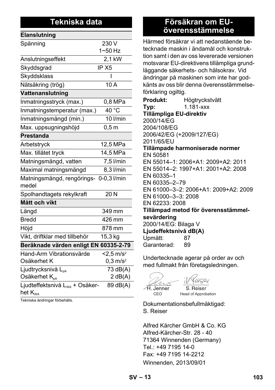 Tekniska data, Försäkran om eu- överensstämmelse | Karcher K 5 Premium User Manual | Page 103 / 294