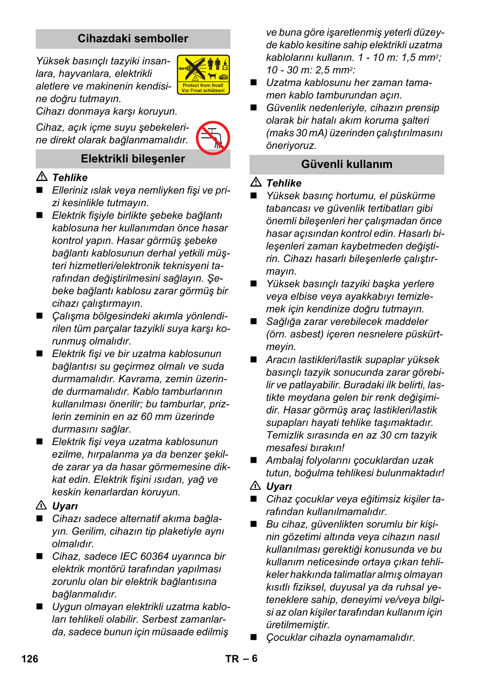Cihazdaki semboller, Elektrikli bileşenler, Güvenli kullanım | Karcher K 5 Premium User Manual | Page 126 / 294