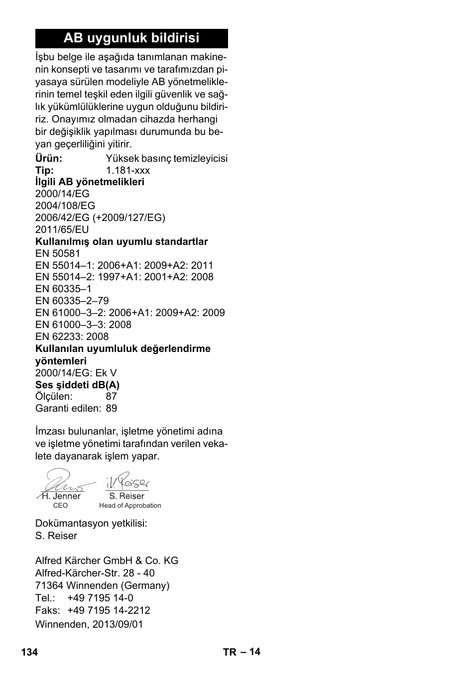 Ab uygunluk bildirisi | Karcher K 5 Premium User Manual | Page 134 / 294