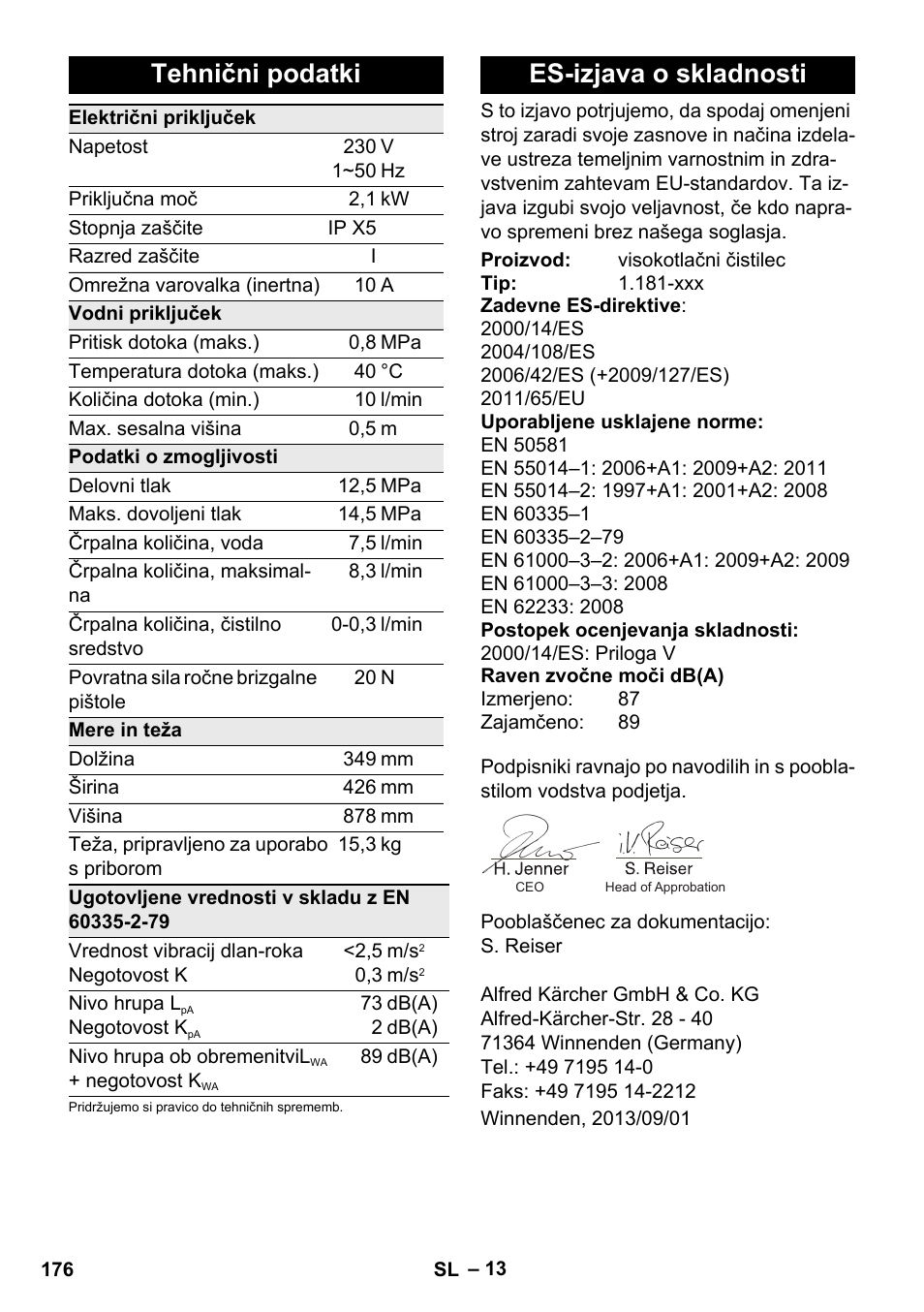 Tehnični podatki, Es-izjava o skladnosti | Karcher K 5 Premium User Manual | Page 176 / 294