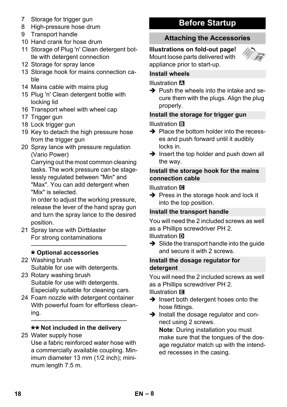 Before startup, Attaching the accessories, Install wheels | Install the storage for trigger gun, Install the transport handle, Install the dosage regulator for detergent | Karcher K 5 Premium User Manual | Page 18 / 294
