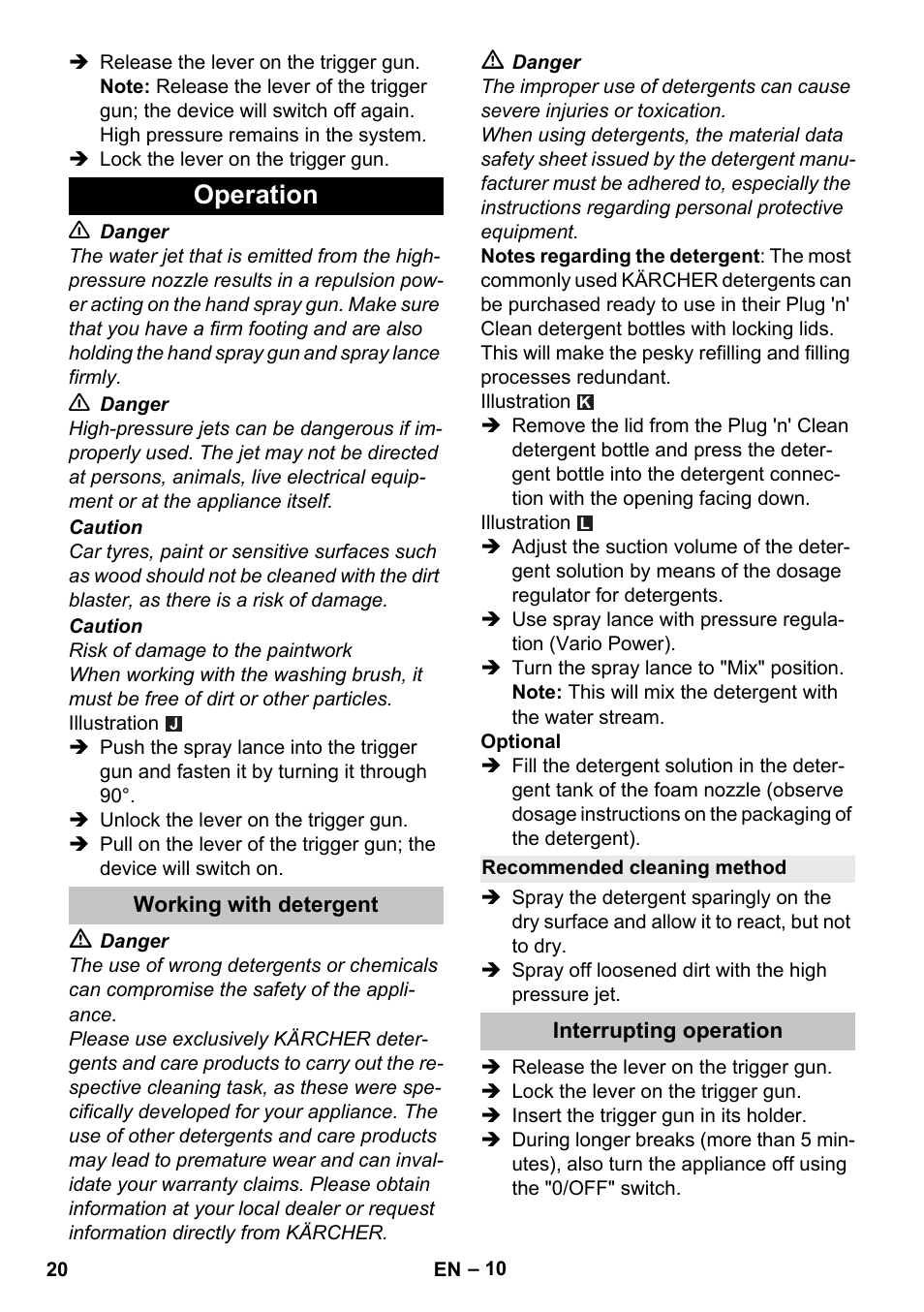 Operation, Working with detergent, Recommended cleaning method | Interrupting operation | Karcher K 5 Premium User Manual | Page 20 / 294