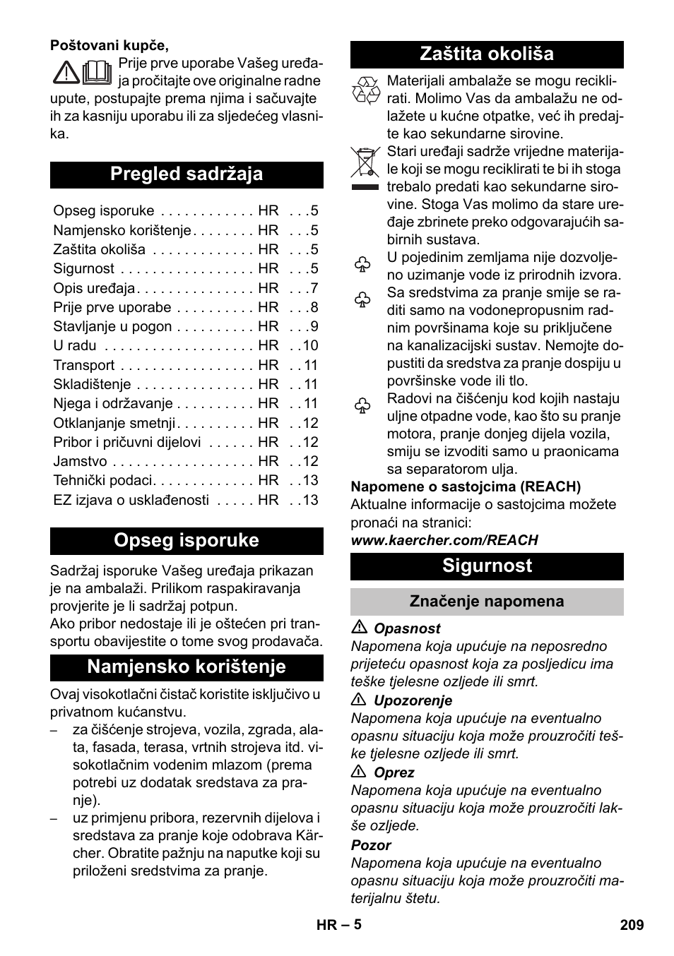 Hrvatski, Pregled sadržaja, Opseg isporuke | Namjensko korištenje, Zaštita okoliša, Sigurnost, Značenje napomena | Karcher K 5 Premium User Manual | Page 209 / 294
