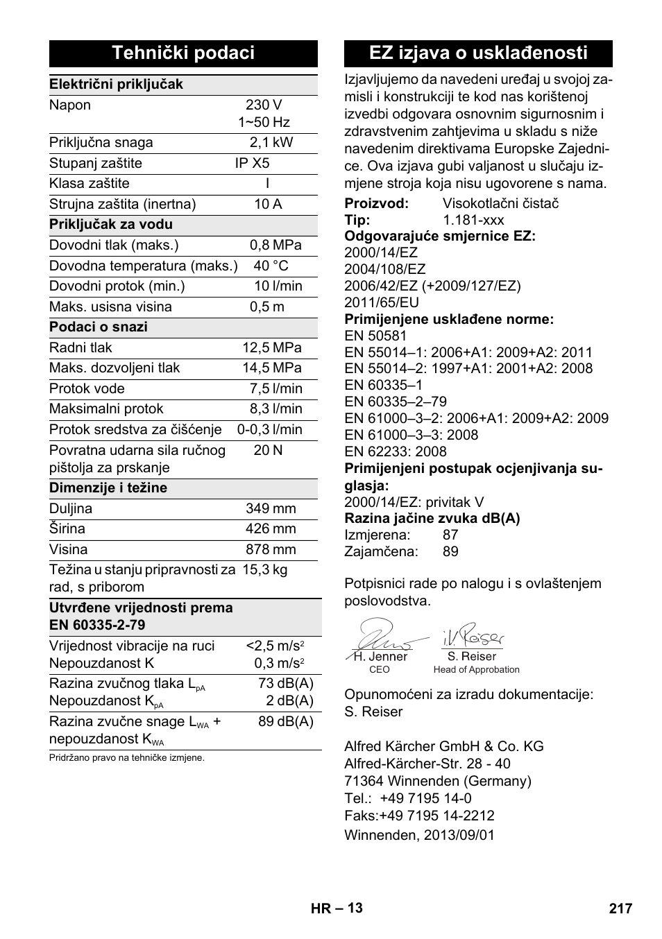 Tehnički podaci, Ez izjava o usklađenosti | Karcher K 5 Premium User Manual | Page 217 / 294