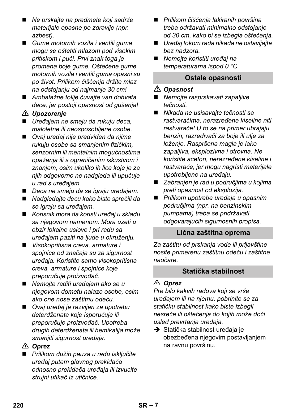 Ostale opasnosti, Lična zaštitna oprema, Statička stabilnost | Karcher K 5 Premium User Manual | Page 220 / 294