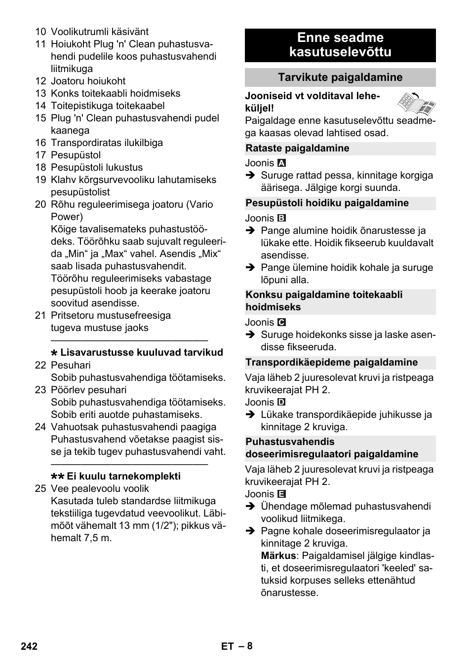 Enne seadme kasutuselevõttu, Tarvikute paigaldamine, Rataste paigaldamine | Pesupüstoli hoidiku paigaldamine, Konksu paigaldamine toitekaabli hoidmiseks, Transpordikäepideme paigaldamine | Karcher K 5 Premium User Manual | Page 242 / 294