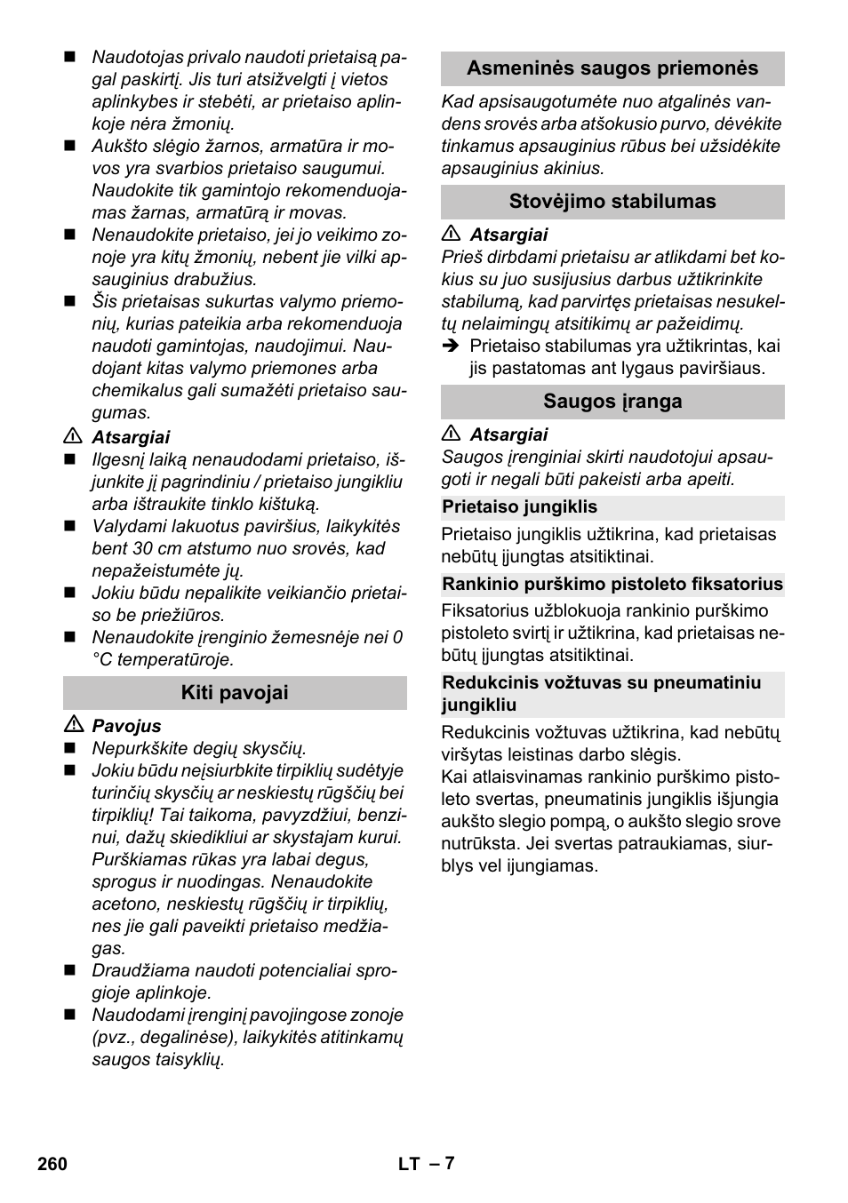 Kiti pavojai, Asmeninės saugos priemonės, Stovėjimo stabilumas | Saugos įranga, Prietaiso jungiklis, Rankinio purškimo pistoleto fiksatorius, Redukcinis vožtuvas su pneumatiniu jungikliu | Karcher K 5 Premium User Manual | Page 260 / 294