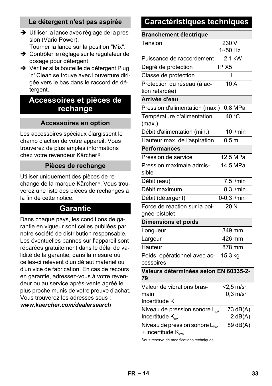 Le détergent n'est pas aspirée, Accessoires et pièces de rechange, Accessoires en option | Pièces de rechange, Garantie, Caractéristiques techniques, Garantie caractéristiques techniques | Karcher K 5 Premium User Manual | Page 33 / 294