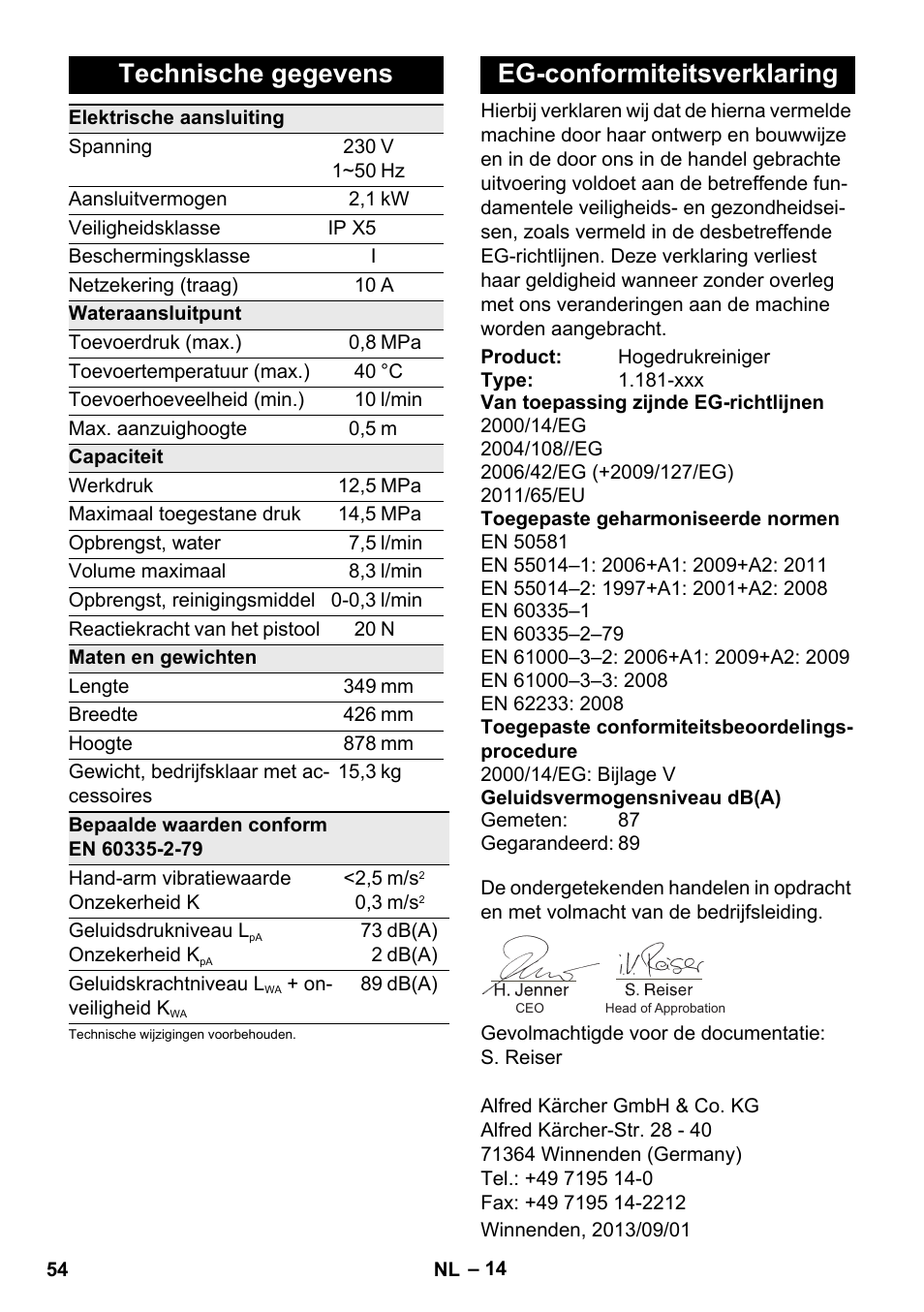Technische gegevens, Eg-conformiteitsverklaring | Karcher K 5 Premium User Manual | Page 54 / 294