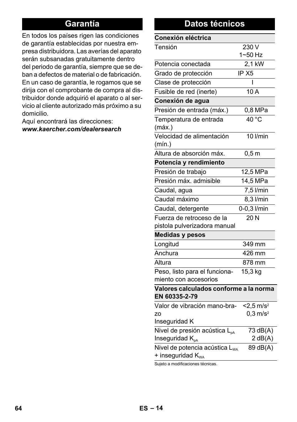 Garantía, Datos técnicos, Garantía datos técnicos | Karcher K 5 Premium User Manual | Page 64 / 294