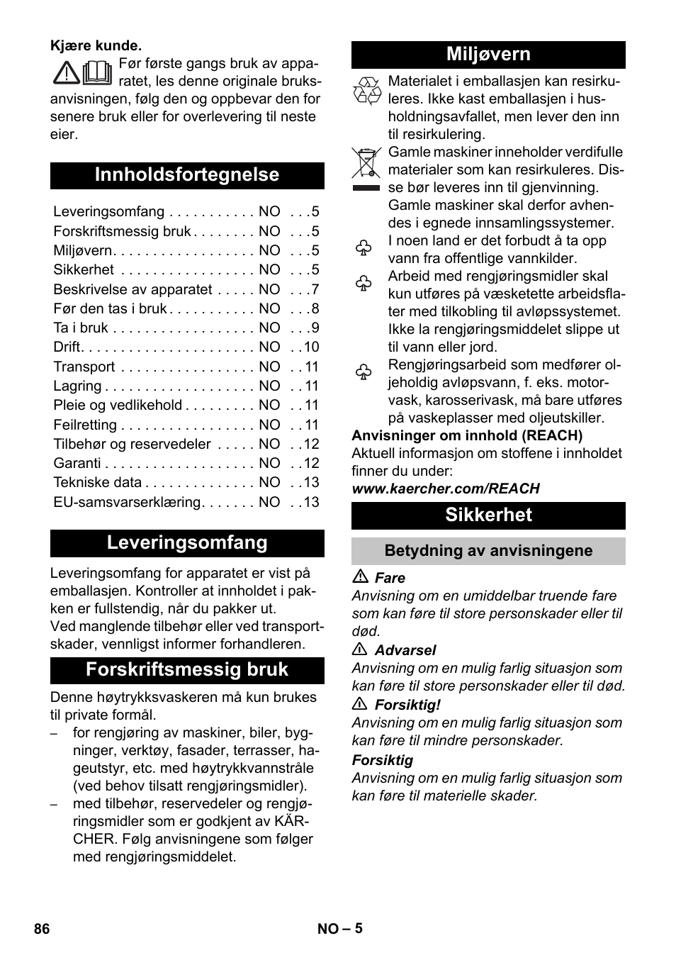 Norsk, Innholdsfortegnelse, Leveringsomfang | Forskriftsmessig bruk, Miljøvern, Sikkerhet, Betydning av anvisningene | Karcher K 5 Premium User Manual | Page 86 / 294
