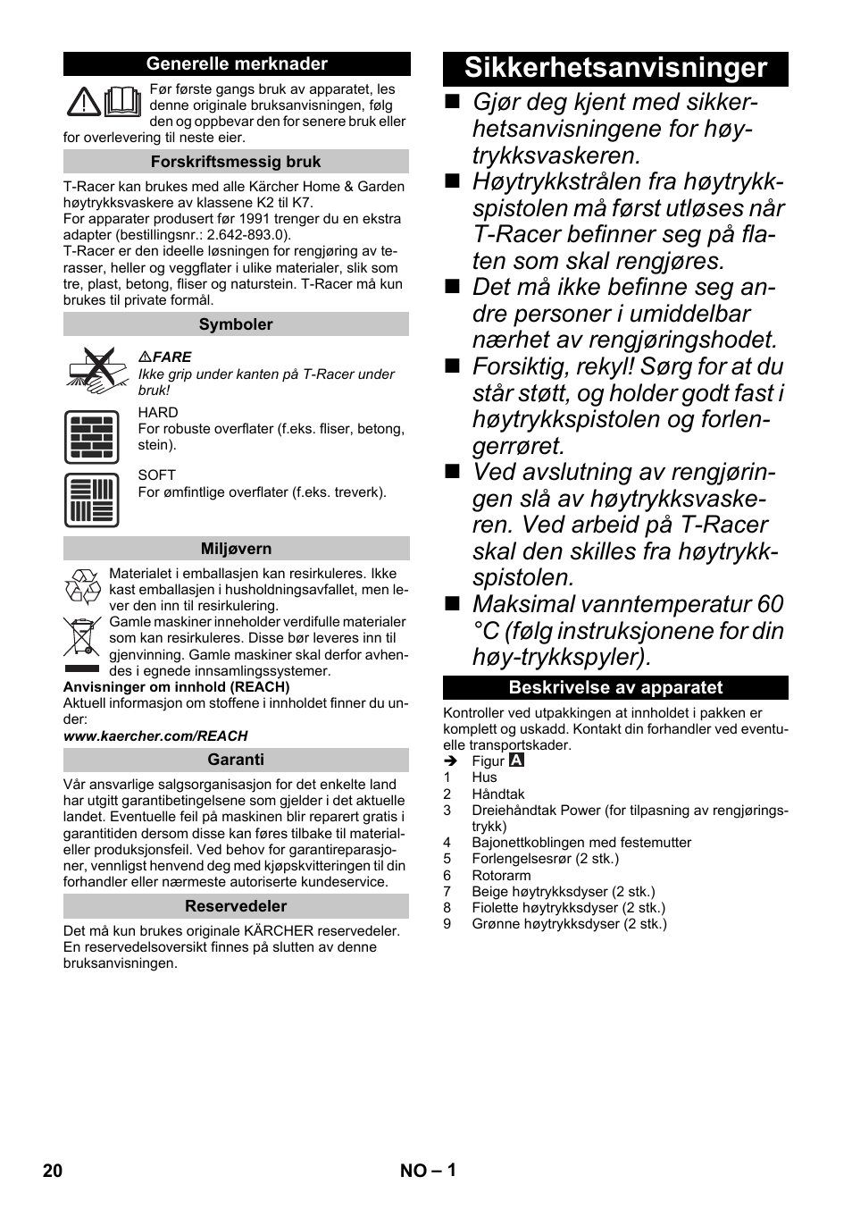 Norsk, Generelle merknader, Forskriftsmessig bruk | Symboler, Miljøvern, Garanti, Reservedeler, Sikkerhetsanvisninger, Beskrivelse av apparatet | Karcher K 5 Premium eco!ogic Home User Manual | Page 20 / 72