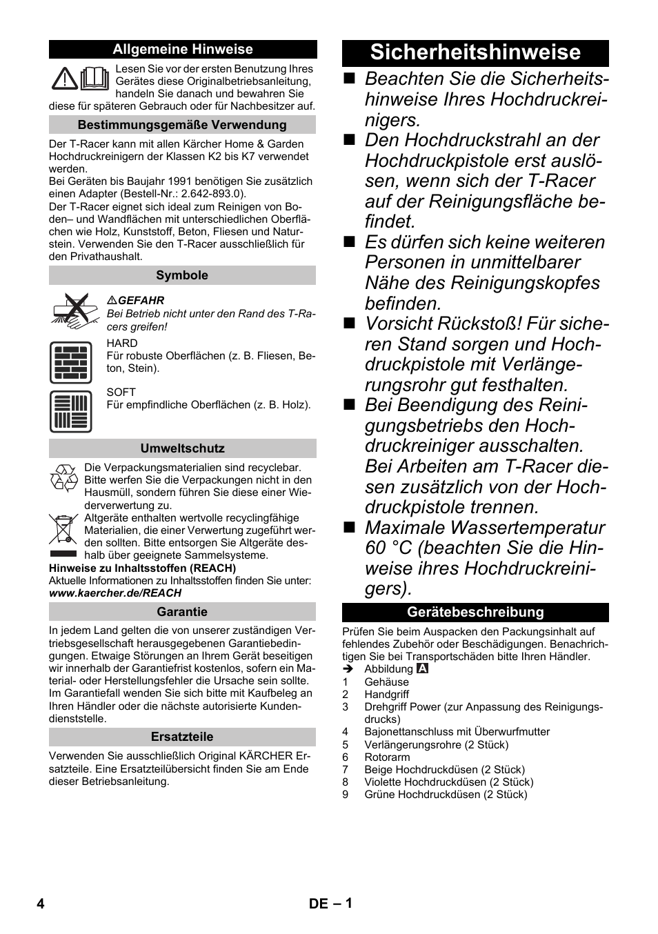 Deutsch, Allgemeine hinweise, Bestimmungsgemäße verwendung | Symbole, Umweltschutz, Garantie, Ersatzteile, Sicherheitshinweise, Gerätebeschreibung | Karcher K 5 Premium eco!ogic Home User Manual | Page 4 / 72