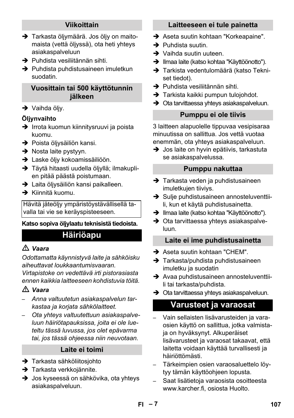 Häiriöapu, Varusteet ja varaosat | Karcher HD 5-15 C + FR User Manual | Page 107 / 280