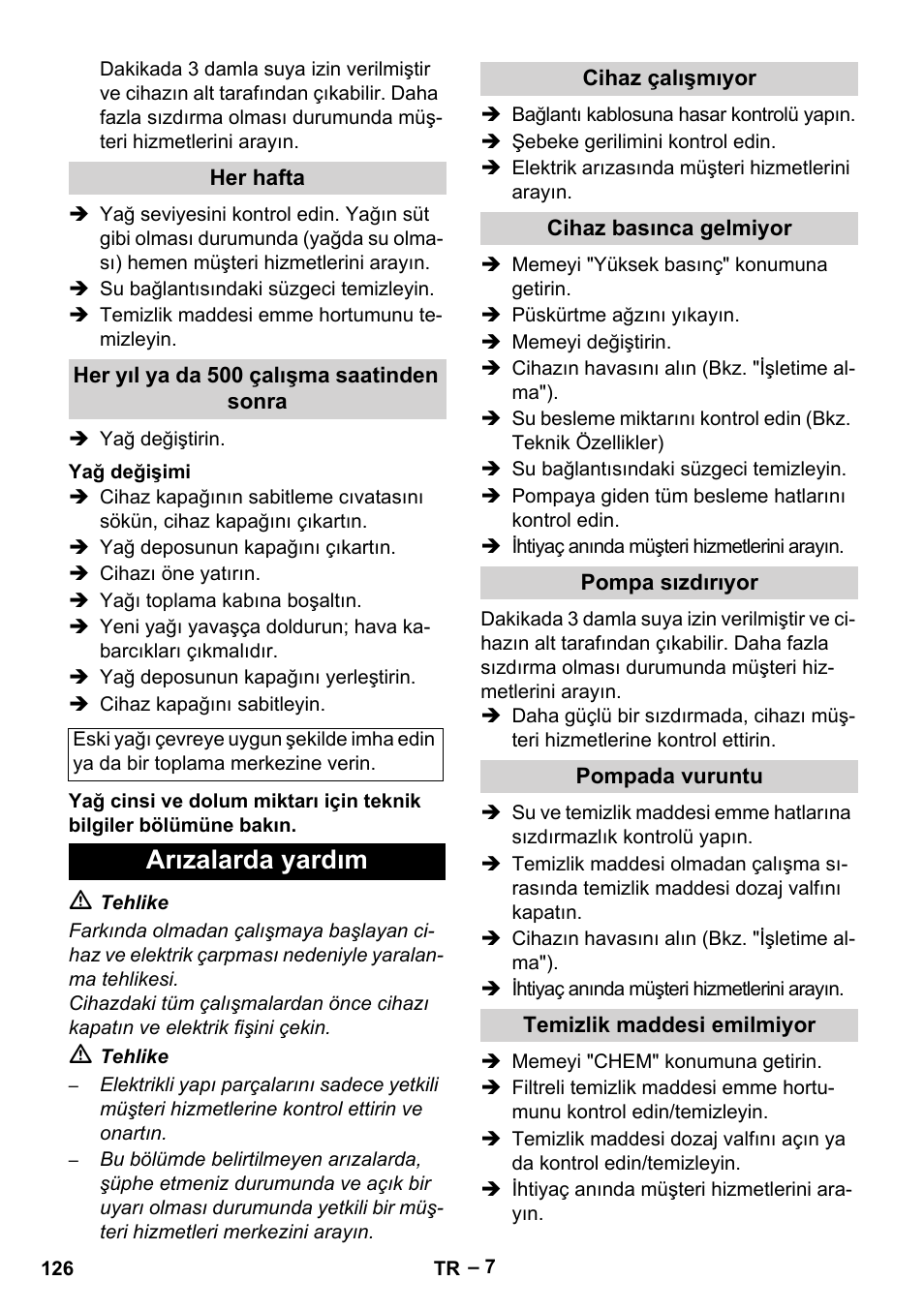 Arızalarda yardım | Karcher HD 5-15 C + FR User Manual | Page 126 / 280