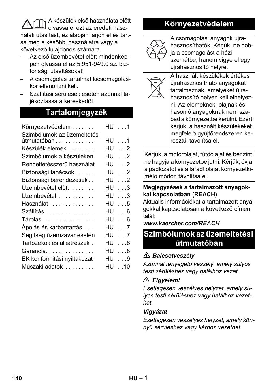 Magyar, Tartalomjegyzék, Környezetvédelem | Szimbólumok az üzemeltetési útmutatóban | Karcher HD 5-15 C + FR User Manual | Page 140 / 280