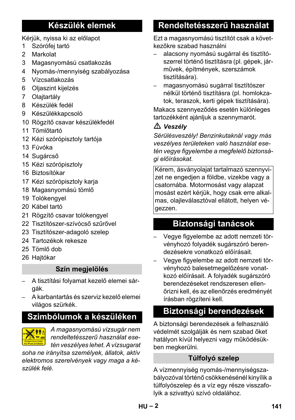 Készülék elemek, Biztonsági tanácsok biztonsági berendezések | Karcher HD 5-15 C + FR User Manual | Page 141 / 280