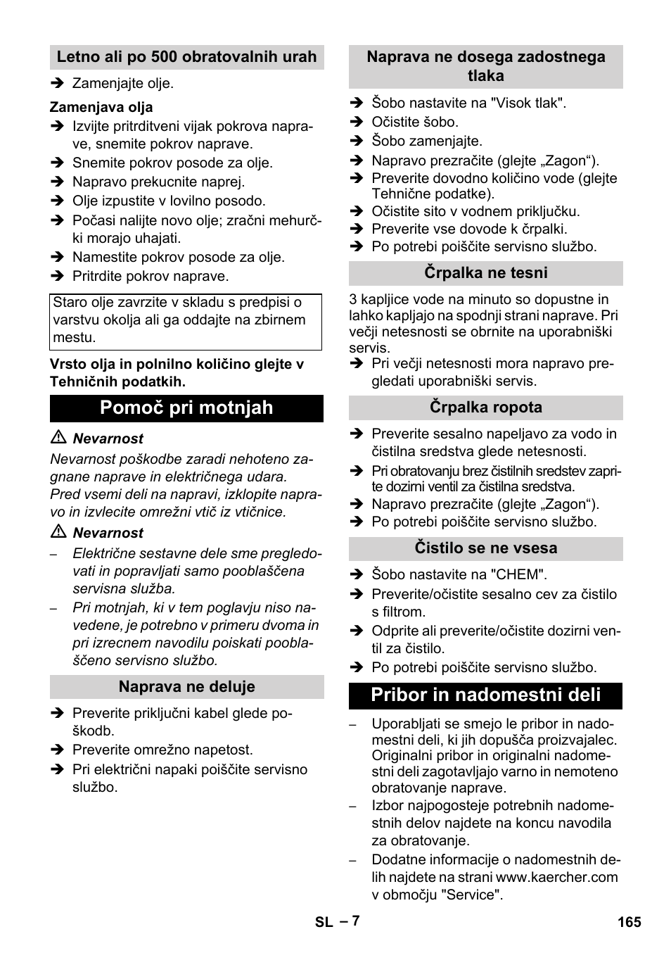 Pomoč pri motnjah, Pribor in nadomestni deli | Karcher HD 5-15 C + FR User Manual | Page 165 / 280