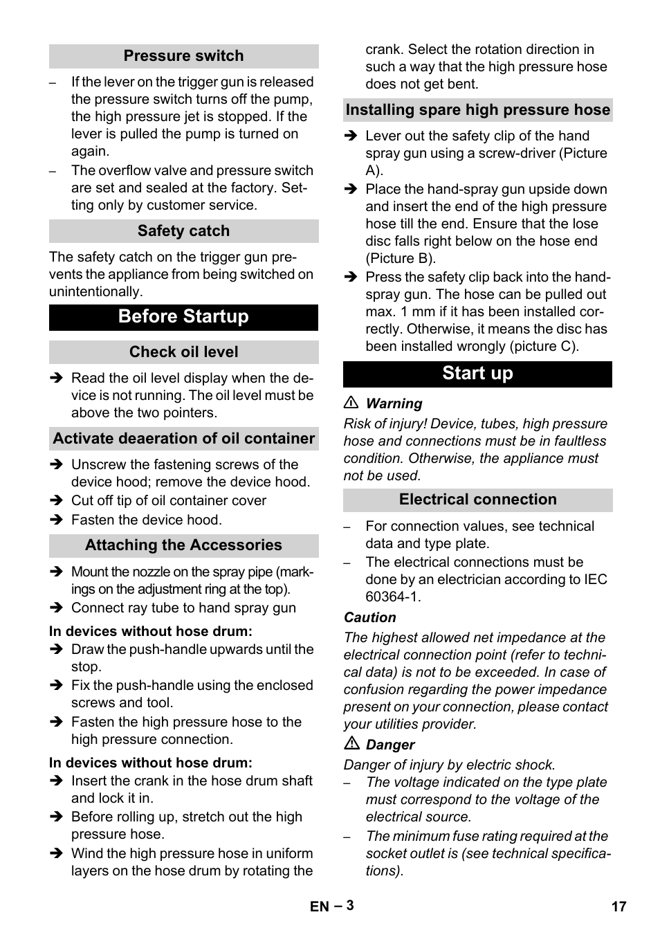 Before startup, Start up | Karcher HD 5-15 C + FR User Manual | Page 17 / 280
