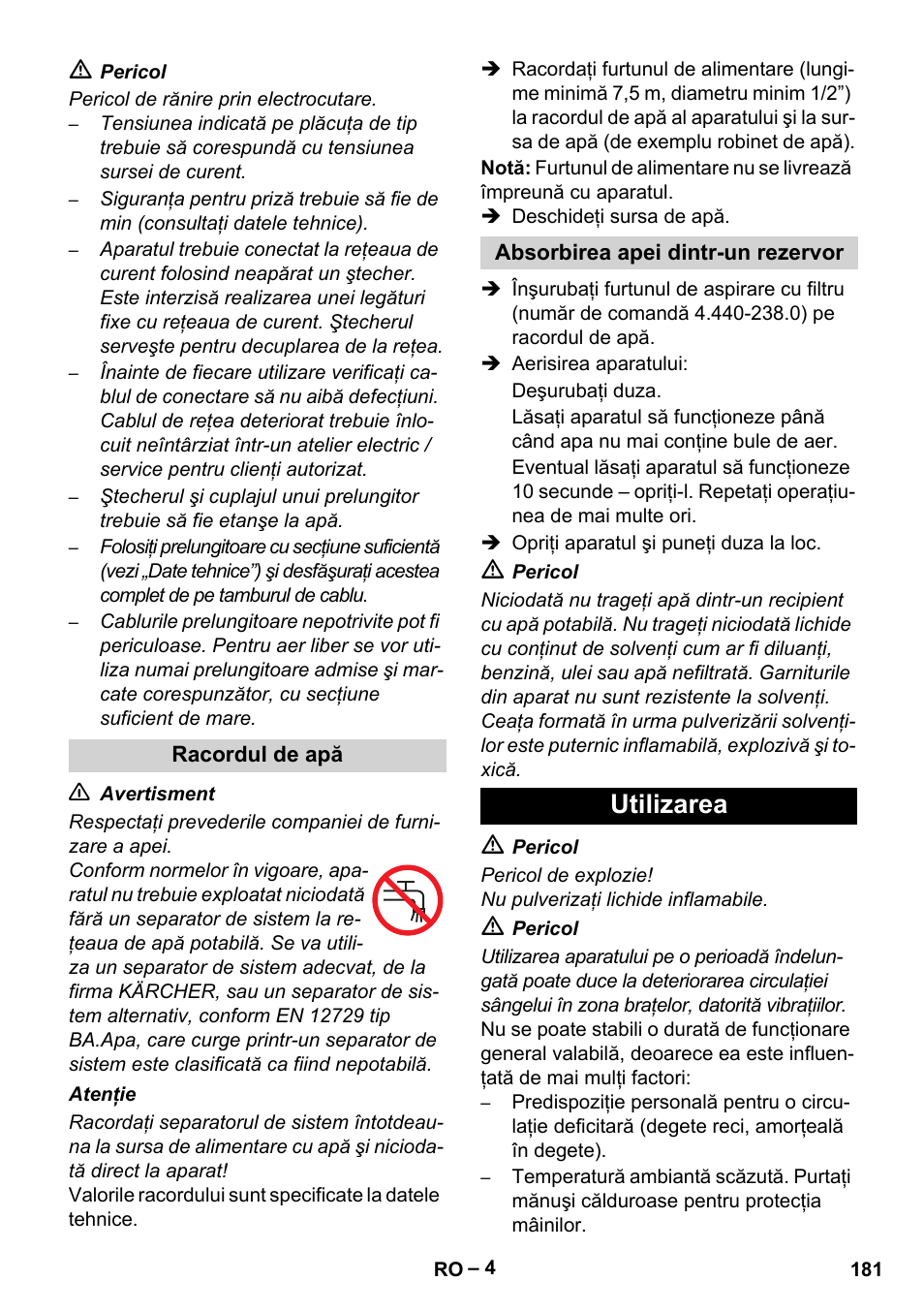 Utilizarea | Karcher HD 5-15 C + FR User Manual | Page 181 / 280