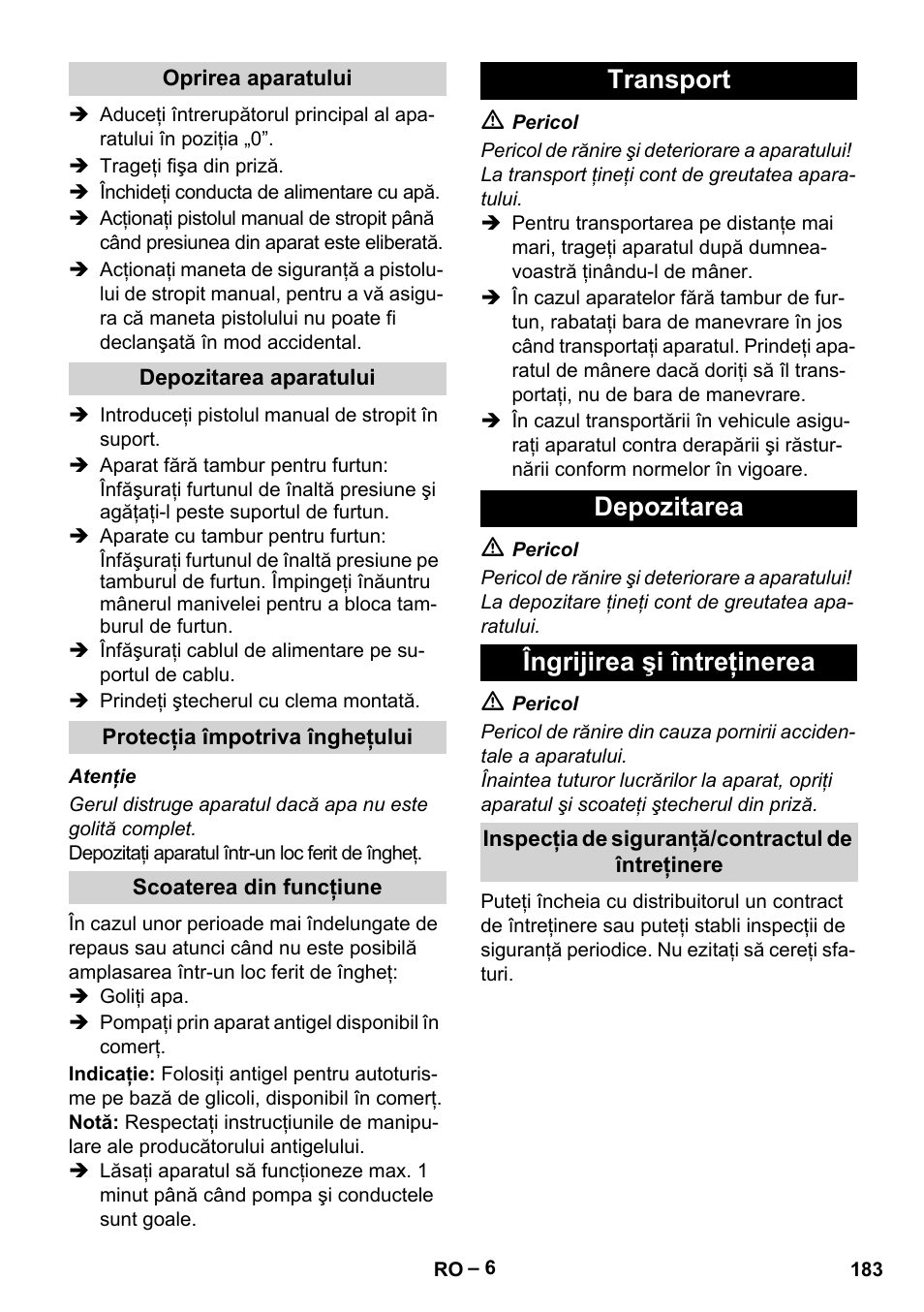 Transport depozitarea îngrijirea şi întreţinerea | Karcher HD 5-15 C + FR User Manual | Page 183 / 280