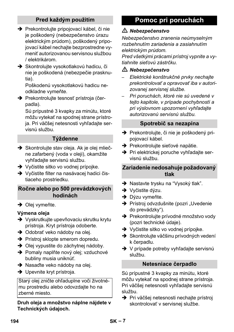 Pomoc pri poruchách | Karcher HD 5-15 C + FR User Manual | Page 194 / 280