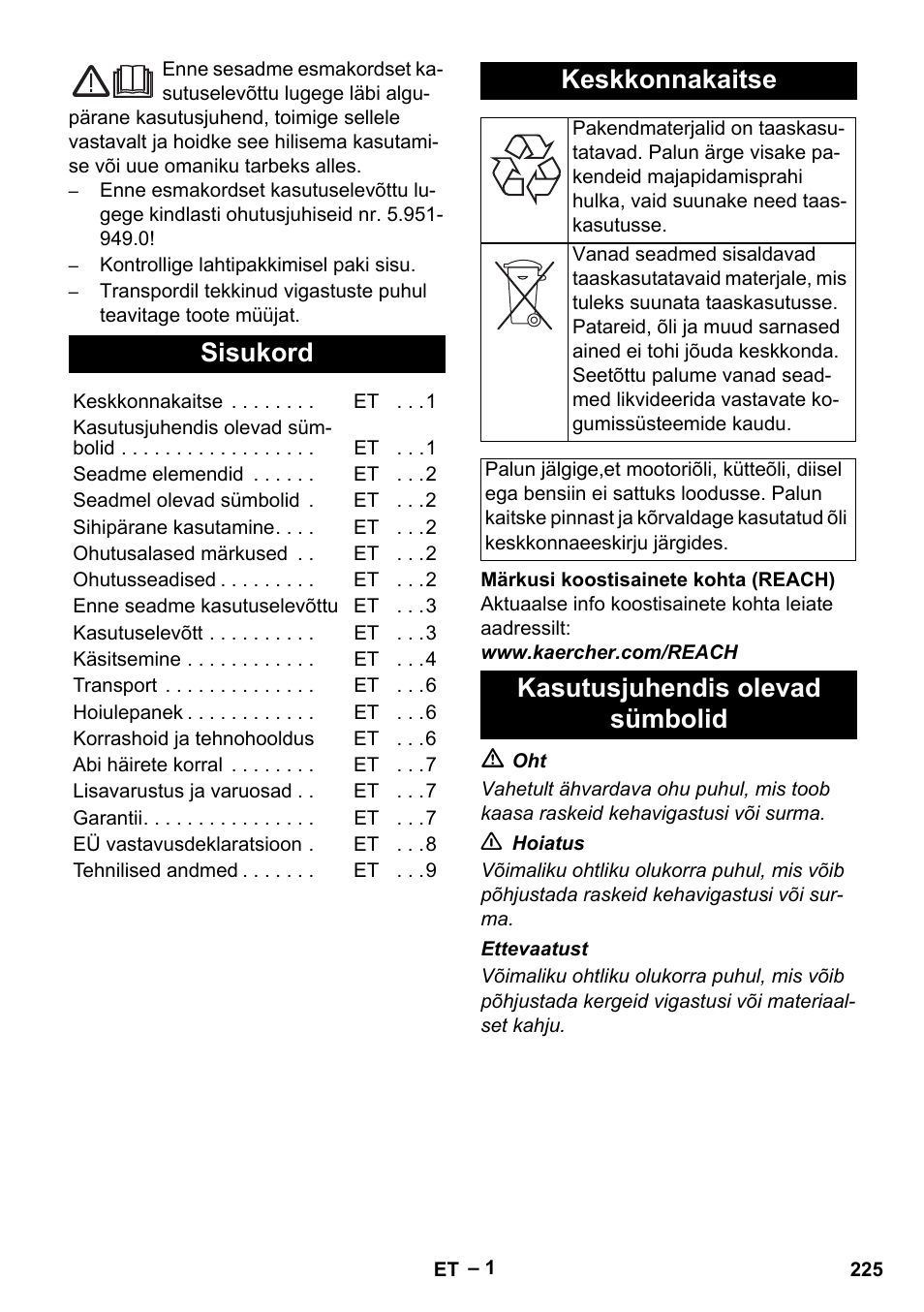 Eesti, Sisukord, Keskkonnakaitse | Kasutusjuhendis olevad sümbolid | Karcher HD 5-15 C + FR User Manual | Page 225 / 280