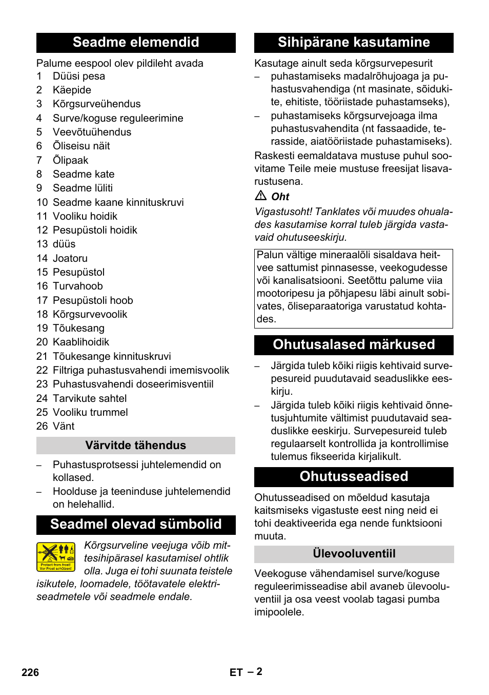 Seadme elemendid, Seadmel olevad sümbolid sihipärane kasutamine, Ohutusalased märkused ohutusseadised | Karcher HD 5-15 C + FR User Manual | Page 226 / 280