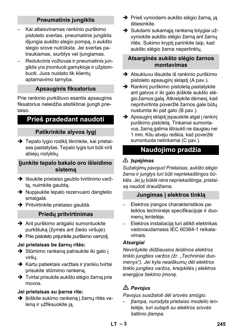 Prieš pradedant naudoti, Naudojimo pradžia | Karcher HD 5-15 C + FR User Manual | Page 245 / 280