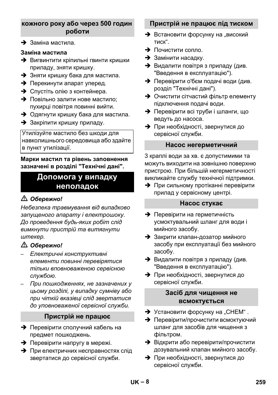 Допомога у випадку неполадок | Karcher HD 5-15 C + FR User Manual | Page 259 / 280