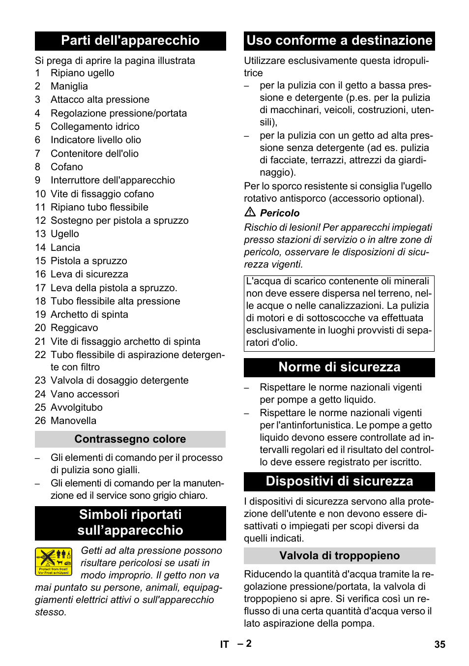 Parti dell'apparecchio, Norme di sicurezza dispositivi di sicurezza | Karcher HD 5-15 C + FR User Manual | Page 35 / 280