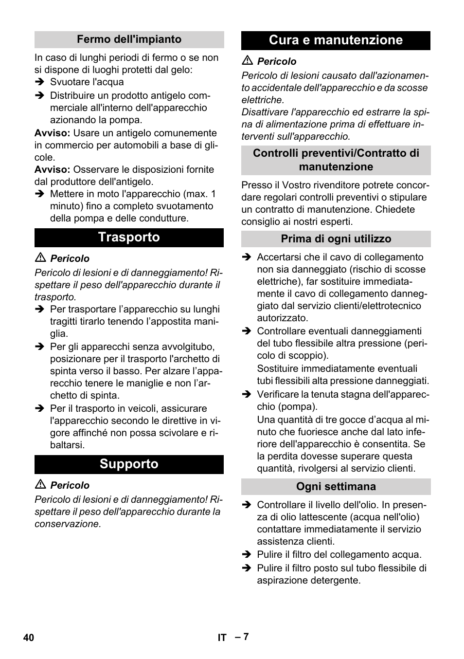 Trasporto supporto cura e manutenzione | Karcher HD 5-15 C + FR User Manual | Page 40 / 280