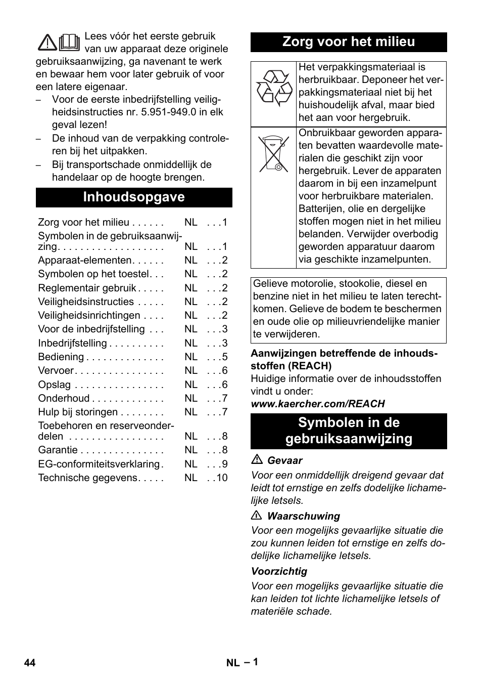 Nederlands, Inhoudsopgave, Zorg voor het milieu | Symbolen in de gebruiksaanwijzing | Karcher HD 5-15 C + FR User Manual | Page 44 / 280