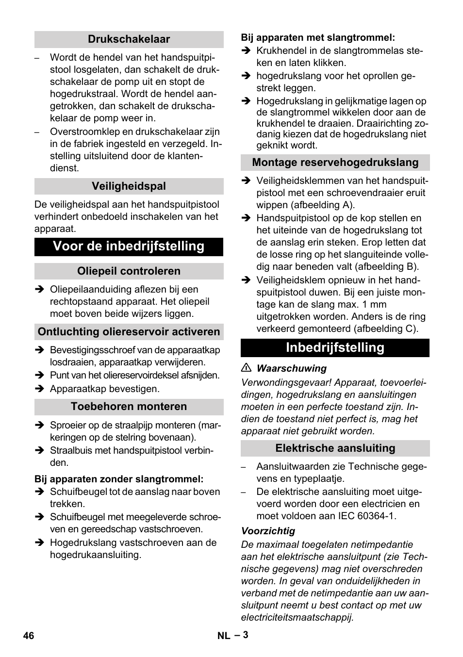 Voor de inbedrijfstelling, Inbedrijfstelling | Karcher HD 5-15 C + FR User Manual | Page 46 / 280
