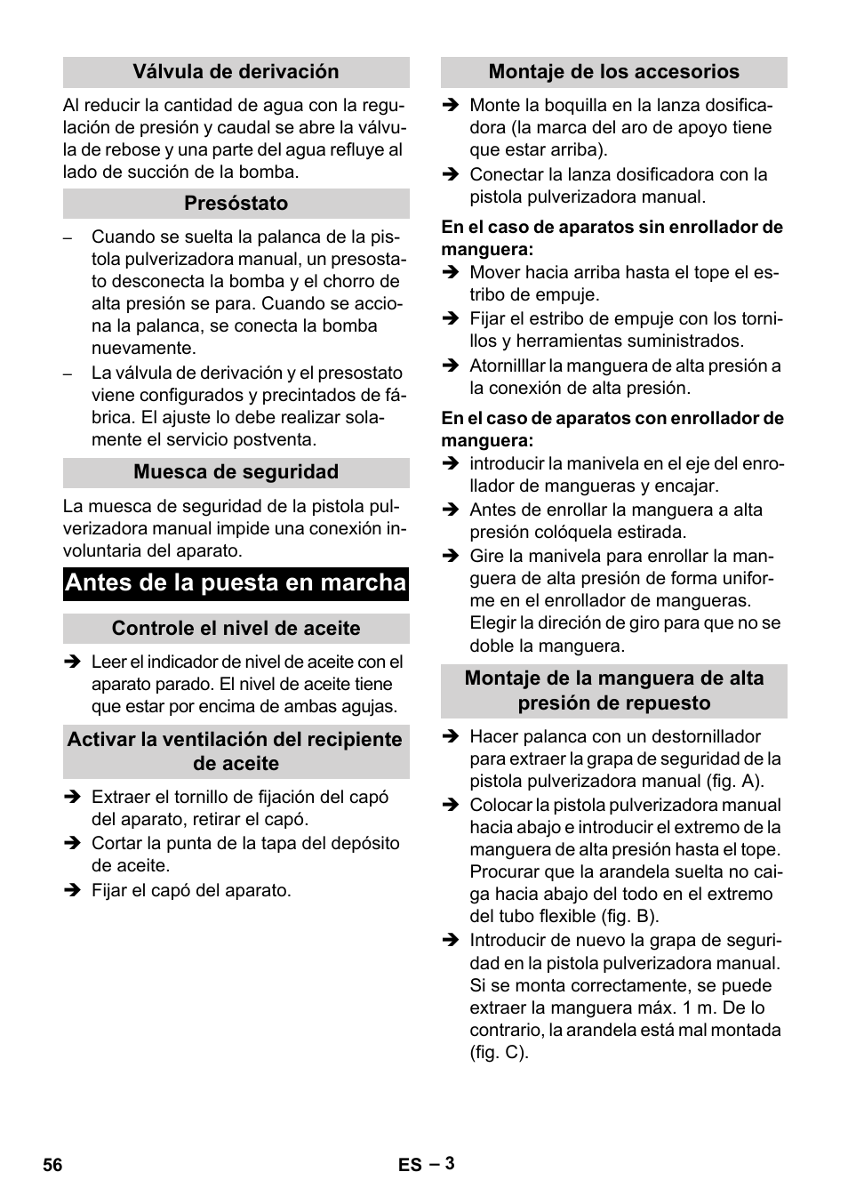 Antes de la puesta en marcha | Karcher HD 5-15 C + FR User Manual | Page 56 / 280
