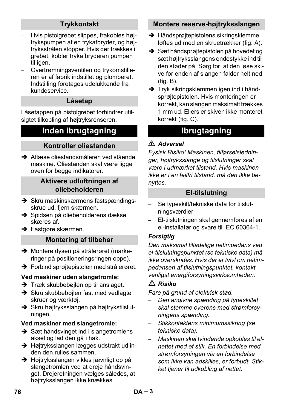 Inden ibrugtagning, Ibrugtagning | Karcher HD 5-15 C + FR User Manual | Page 76 / 280