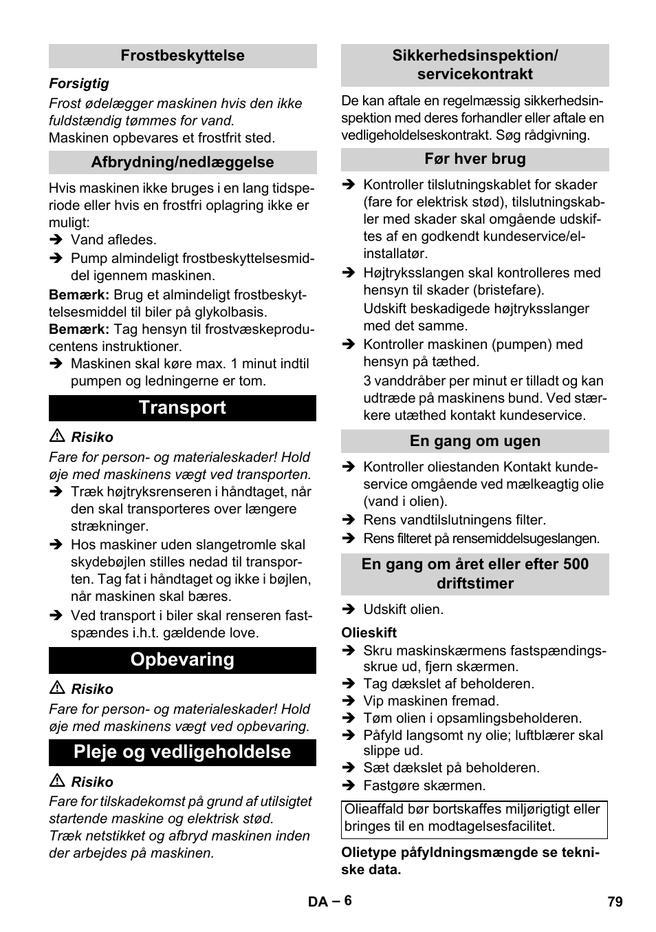 Transport opbevaring pleje og vedligeholdelse | Karcher HD 5-15 C + FR User Manual | Page 79 / 280