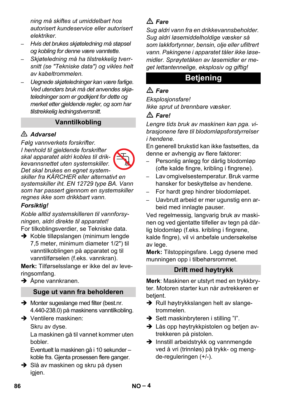 Betjening | Karcher HD 5-15 C + FR User Manual | Page 86 / 280