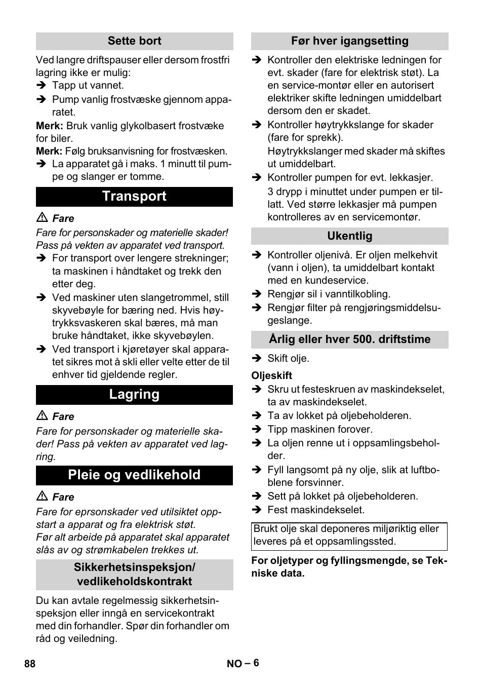 Transport lagring pleie og vedlikehold | Karcher HD 5-15 C + FR User Manual | Page 88 / 280