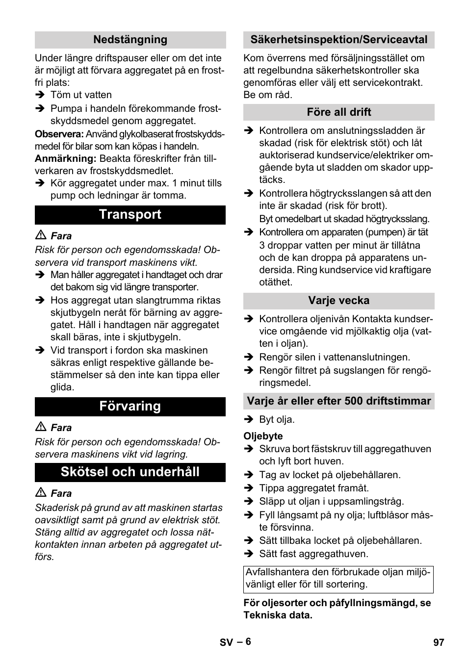 Transport förvaring skötsel och underhåll | Karcher HD 5-15 C + FR User Manual | Page 97 / 280