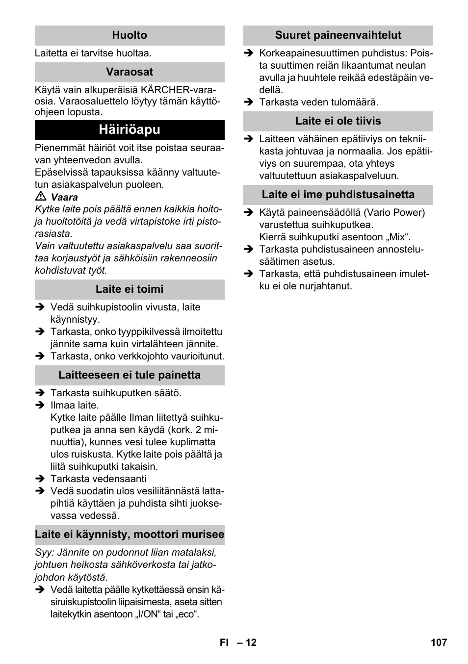 Häiriöapu | Karcher K 7 Premium eco!ogic Home User Manual | Page 107 / 264