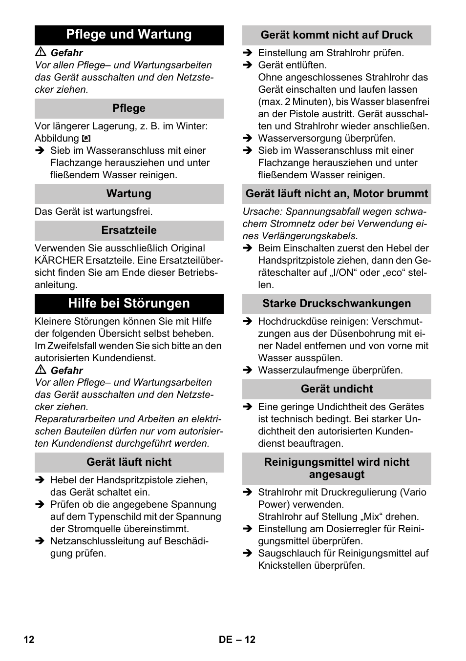 Pflege und wartung, Hilfe bei störungen | Karcher K 7 Premium eco!ogic Home User Manual | Page 12 / 264