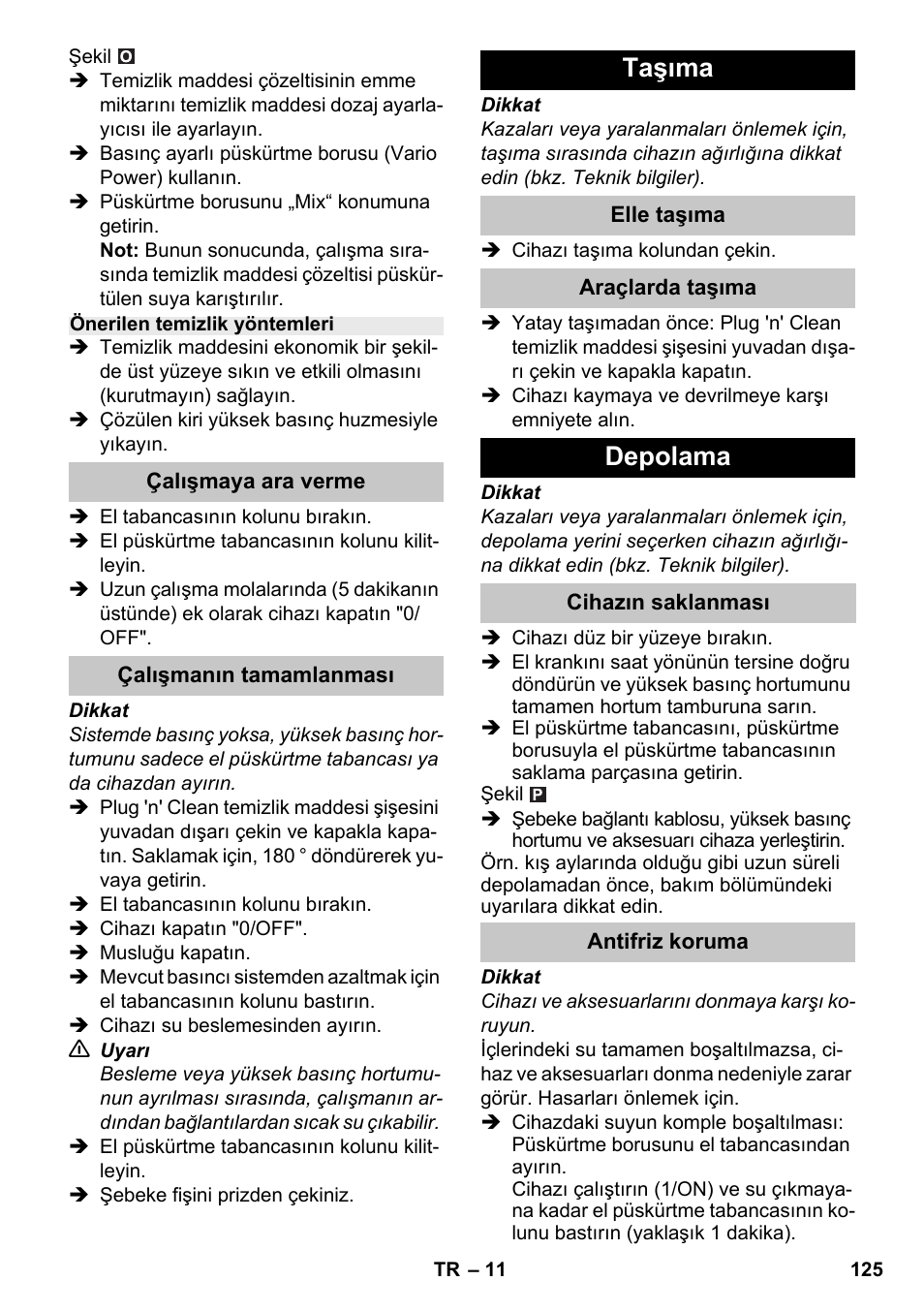 Taşıma, Depolama | Karcher K 7 Premium eco!ogic Home User Manual | Page 125 / 264