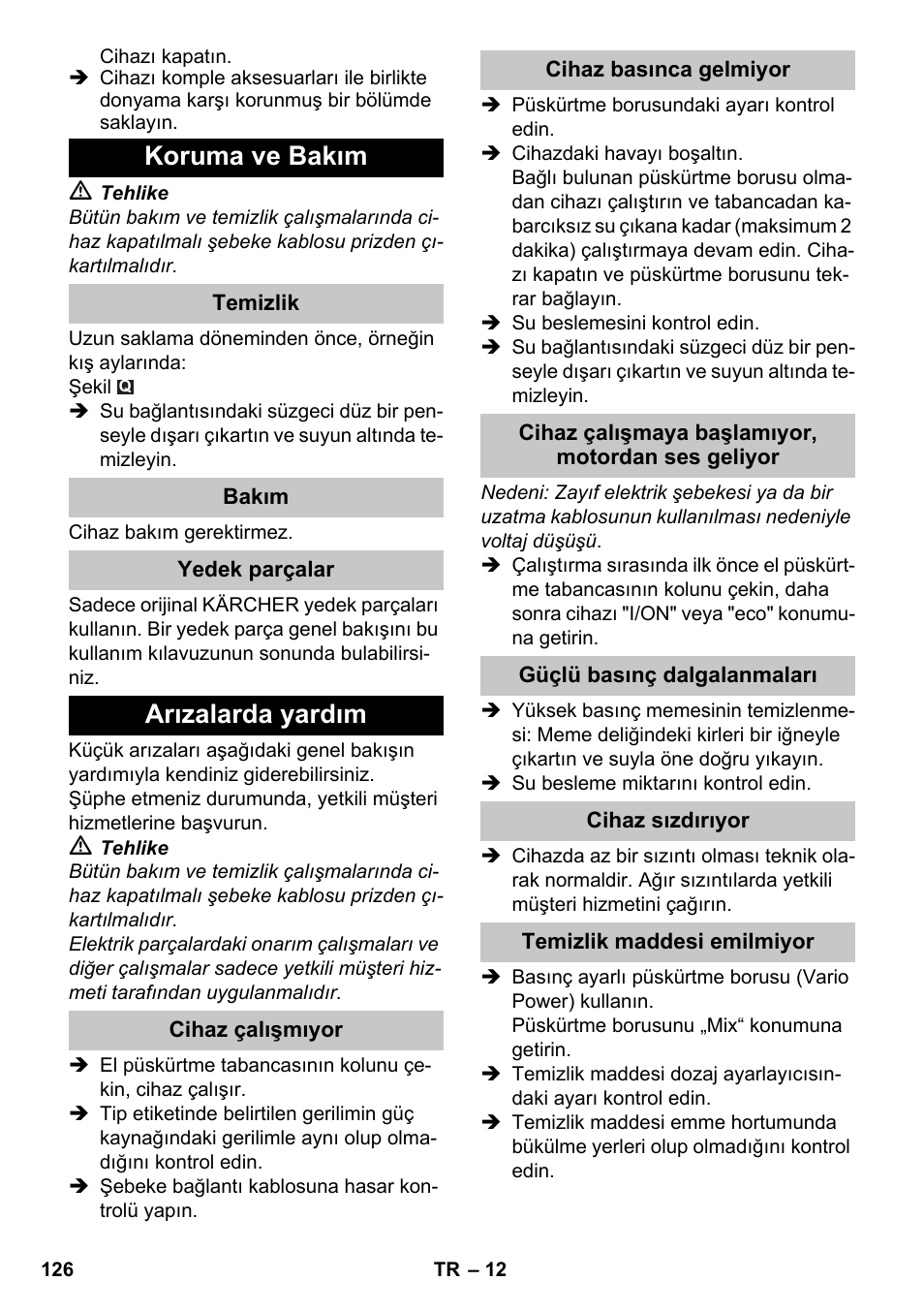 Koruma ve bakım, Arızalarda yardım | Karcher K 7 Premium eco!ogic Home User Manual | Page 126 / 264