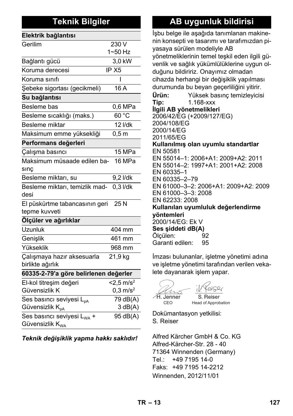 Teknik bilgiler, Ab uygunluk bildirisi | Karcher K 7 Premium eco!ogic Home User Manual | Page 127 / 264