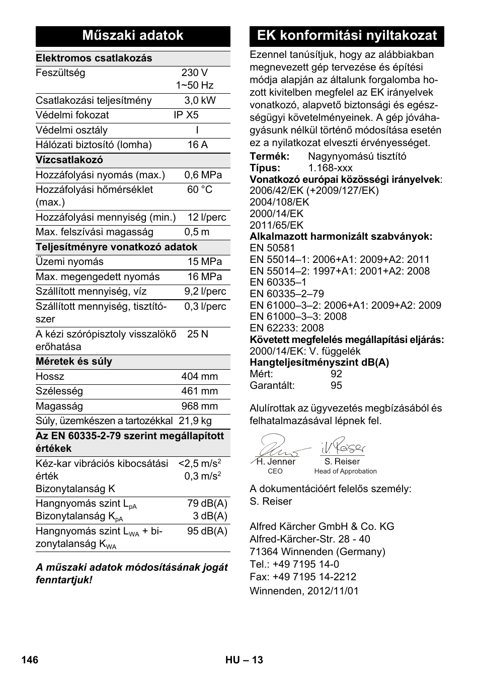 Műszaki adatok, Ek konformitási nyiltakozat | Karcher K 7 Premium eco!ogic Home User Manual | Page 146 / 264