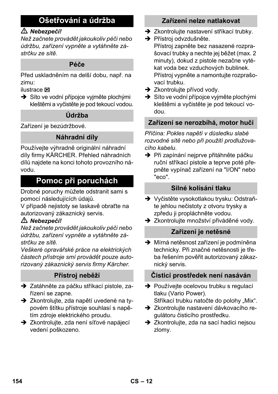 Ošetřování a údržba, Pomoc při poruchách | Karcher K 7 Premium eco!ogic Home User Manual | Page 154 / 264