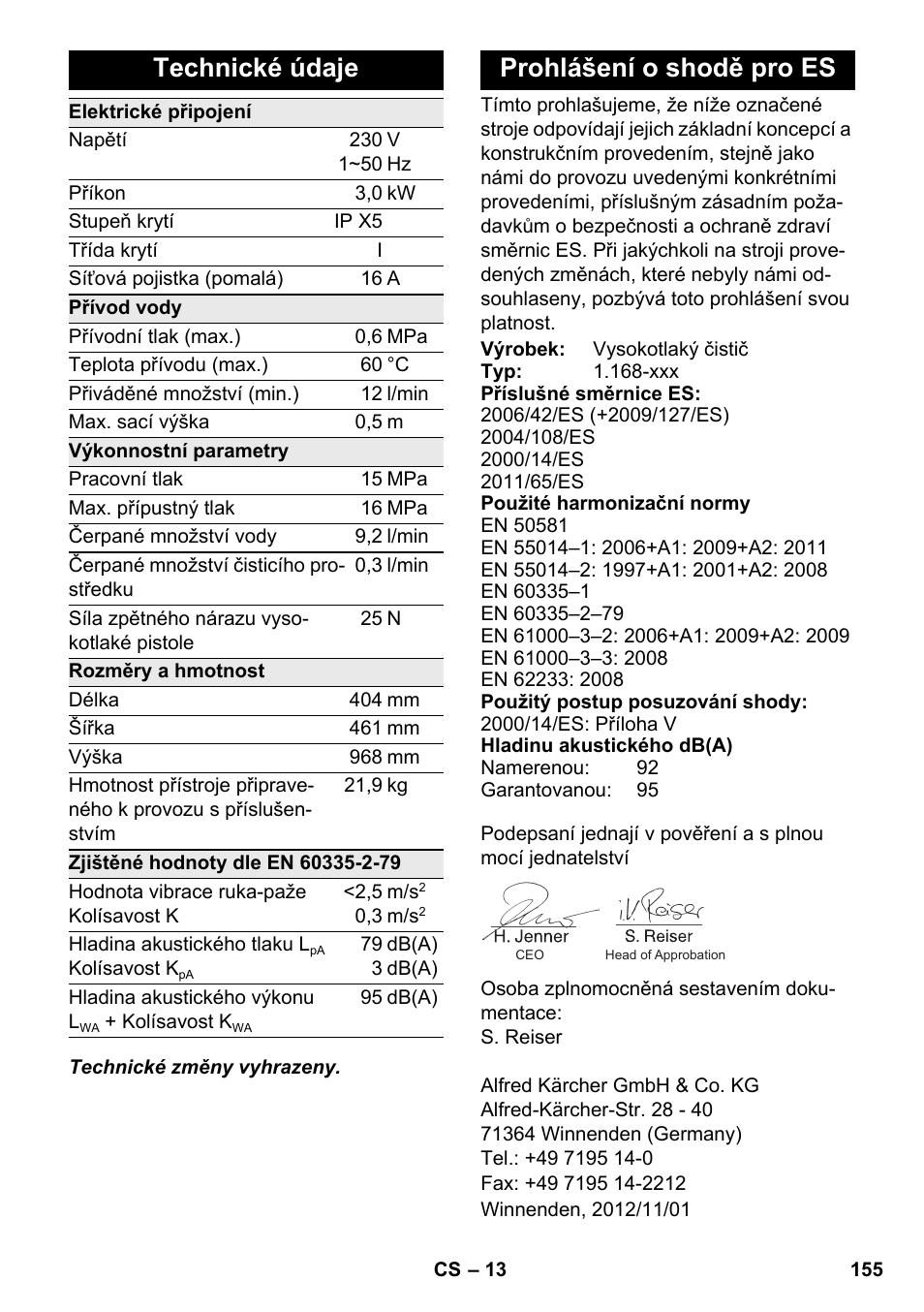 Technické údaje, Prohlášení o shodě pro es | Karcher K 7 Premium eco!ogic Home User Manual | Page 155 / 264