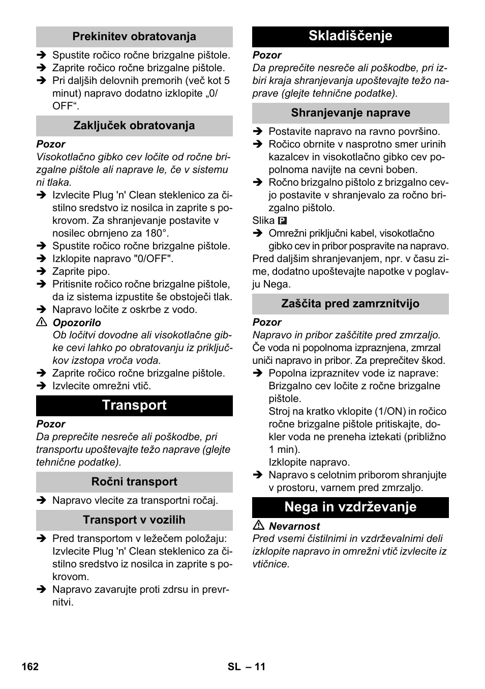 Transport, Skladiščenje, Nega in vzdrževanje | Karcher K 7 Premium eco!ogic Home User Manual | Page 162 / 264