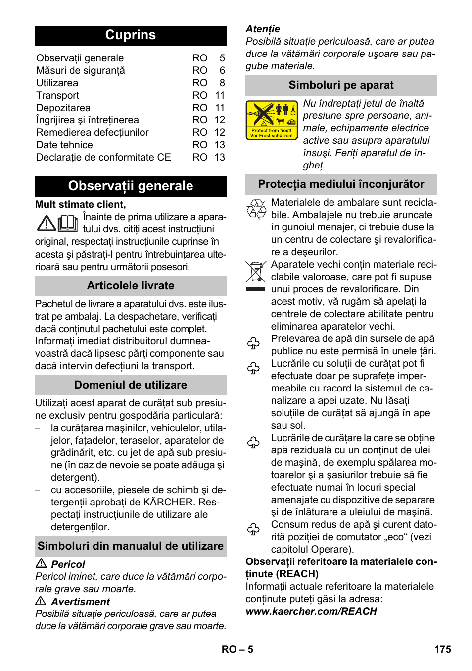 Româneşte, ᅂ ᅂ ᅂ ᅂ, Cuprins | Observaţii generale | Karcher K 7 Premium eco!ogic Home User Manual | Page 175 / 264